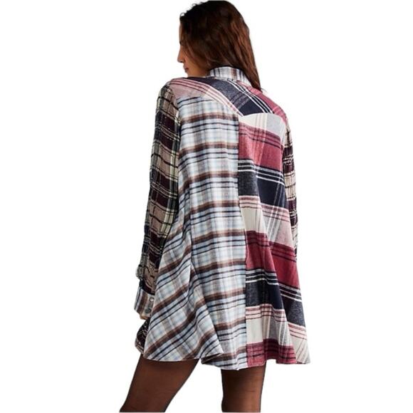 Free People Penny Plaid Mini Shirtdress Embellished Red Blue Beaded size Medium - Picture 3 of 15